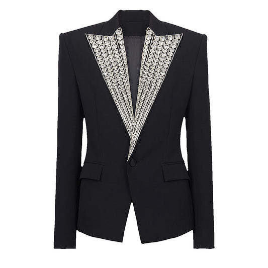 Socialite Temperament Exquisite Rhinestone Beaded One Button Slim Suit Jacket