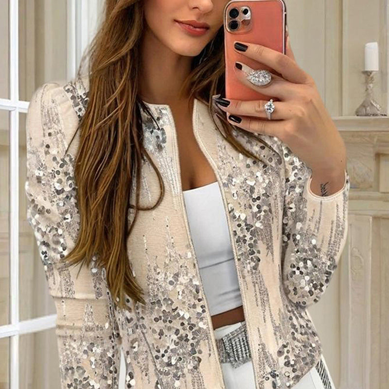 Women's Round Neck Zip-Up Long Sleeve Bling Bling Jacket - Sparkly Sequined Casual Top, Spring&Fall Shiny Outerwear