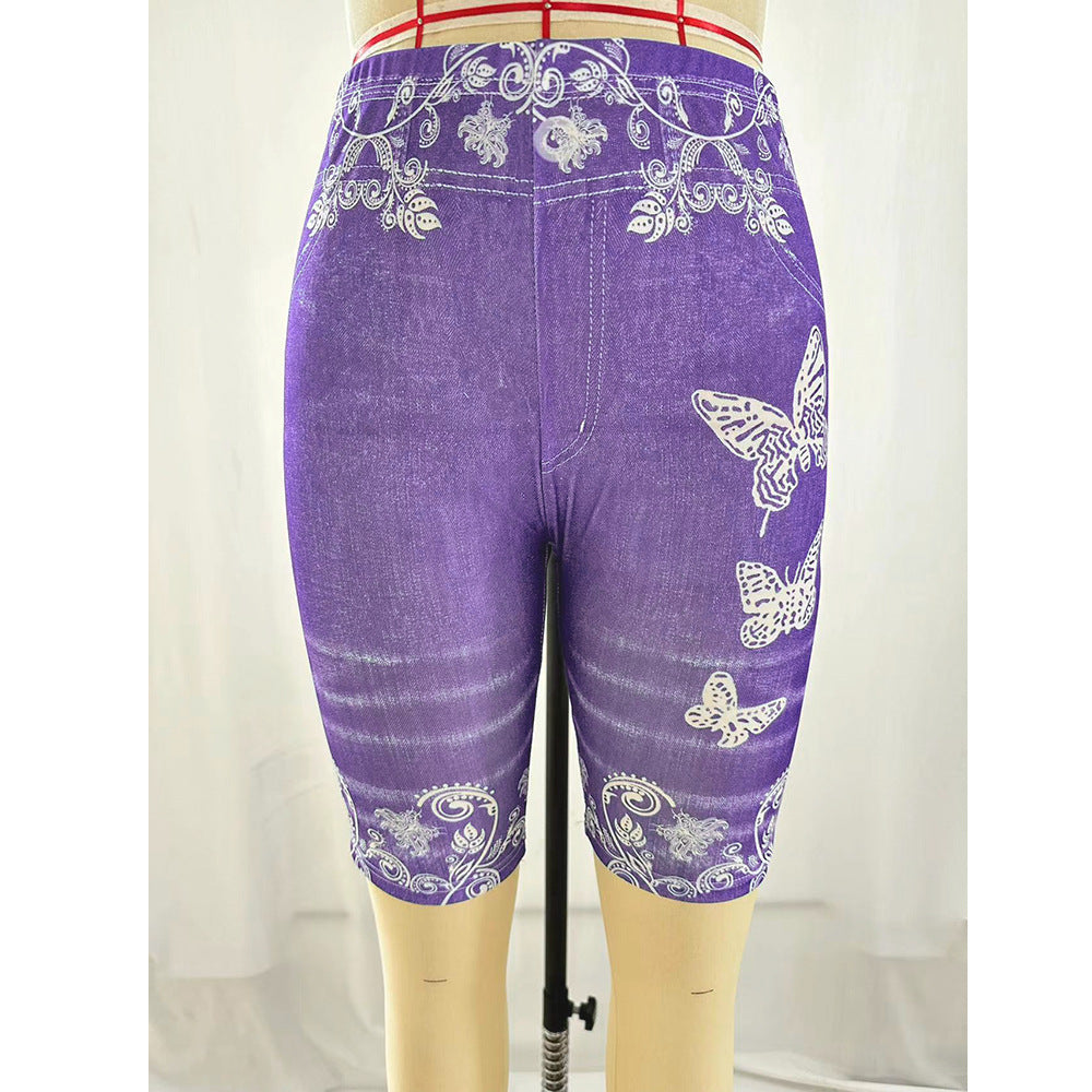 Printed Denim Butterfly Sports Leggings