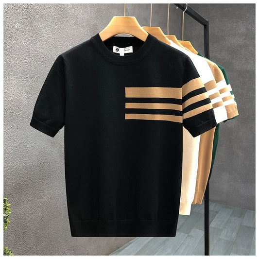 Trendy All-match Round Neck Knitted Short Sleeve Contrast Color Thin T-shirt