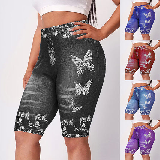 Printed Denim Butterfly Sports Leggings
