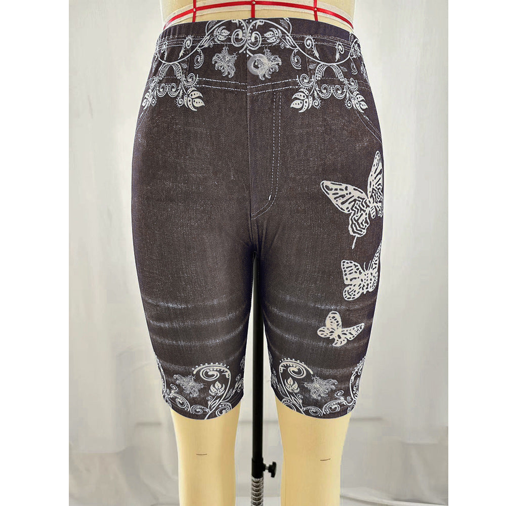Printed Denim Butterfly Sports Leggings