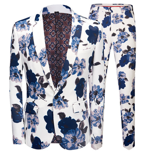 New Printing Men's Suit Set Blue Flower Performing Costumes