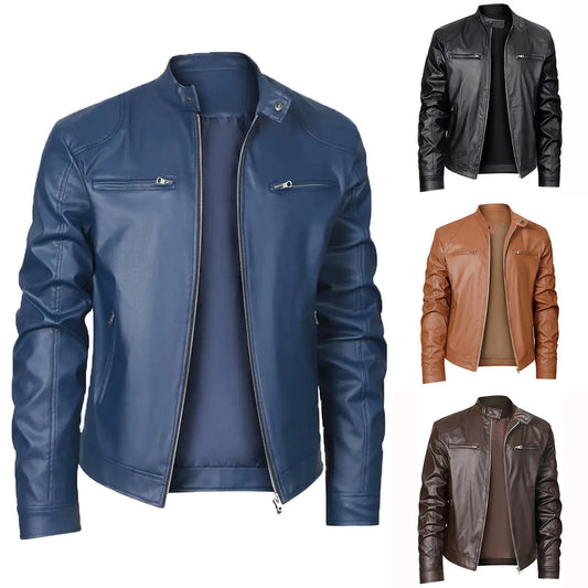Men's Stand-up Collar Slim Fit Leather Jacket Zipper Pocket Decoration