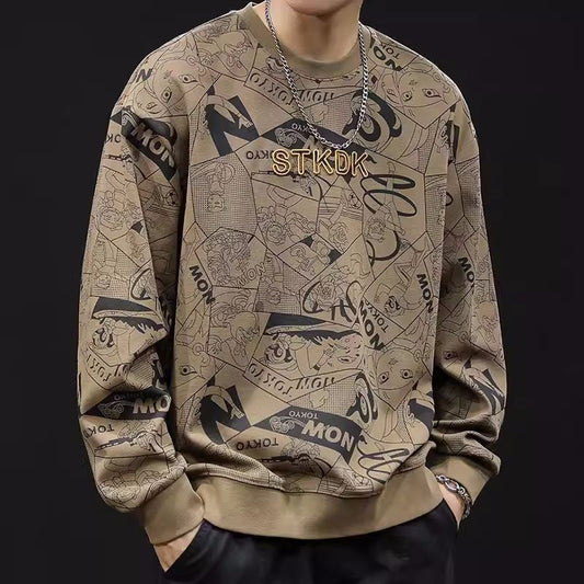 Round Neck Print Sweatshirt Long Sleeve Men's
