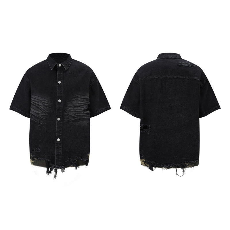 Cut Edge Stitching Leopard Print Denim Short Sleeve