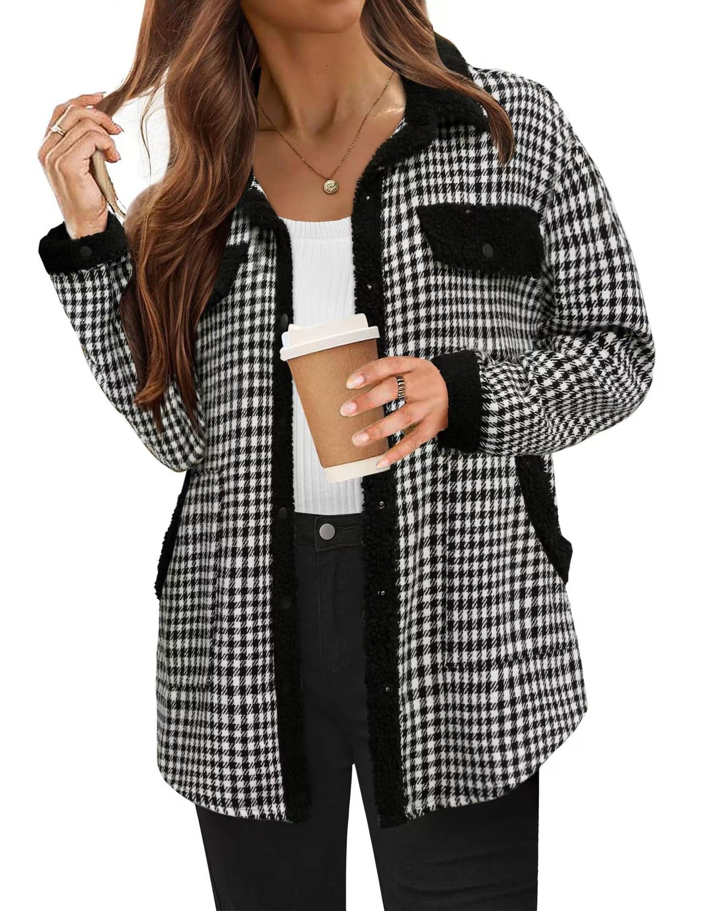 Contrast Color Plaid Jacket Casual Polo Collar Velvet Coat