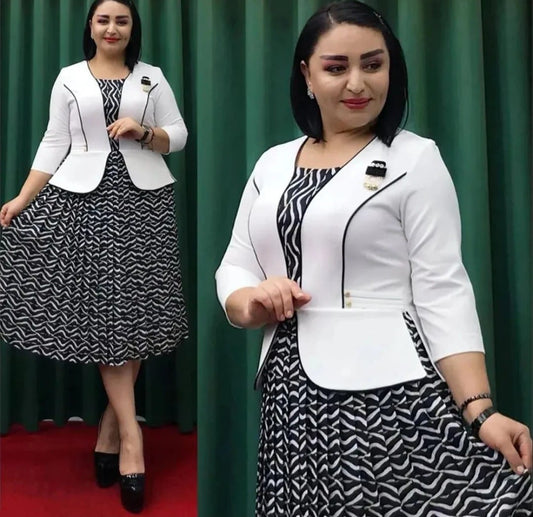 Robe elegante mi-longue avec veste blanche