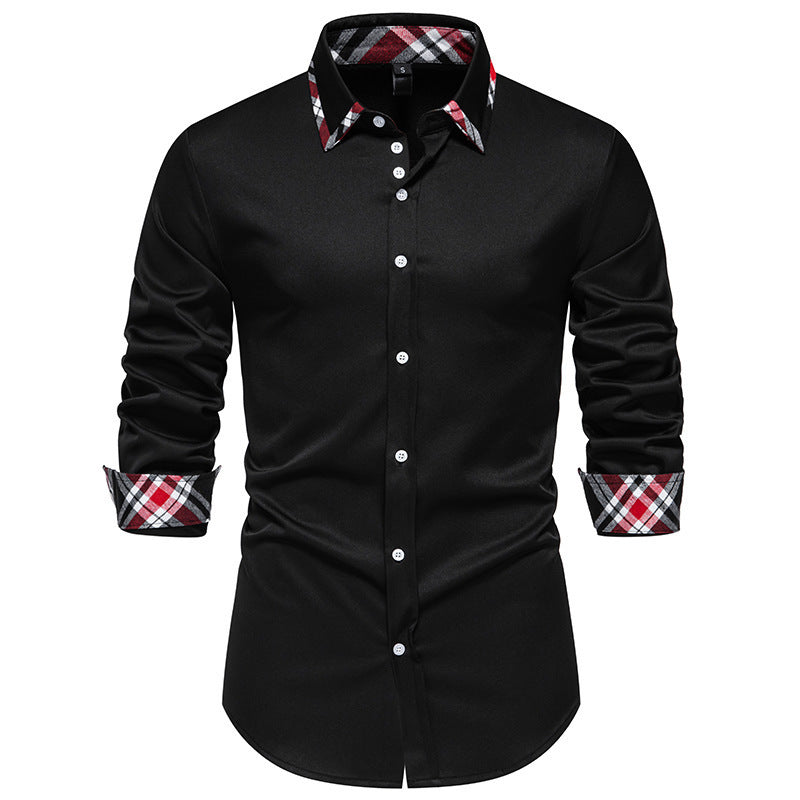 Men's Plaid Contrast Color Triangle Collar Long Sleeve Shirt