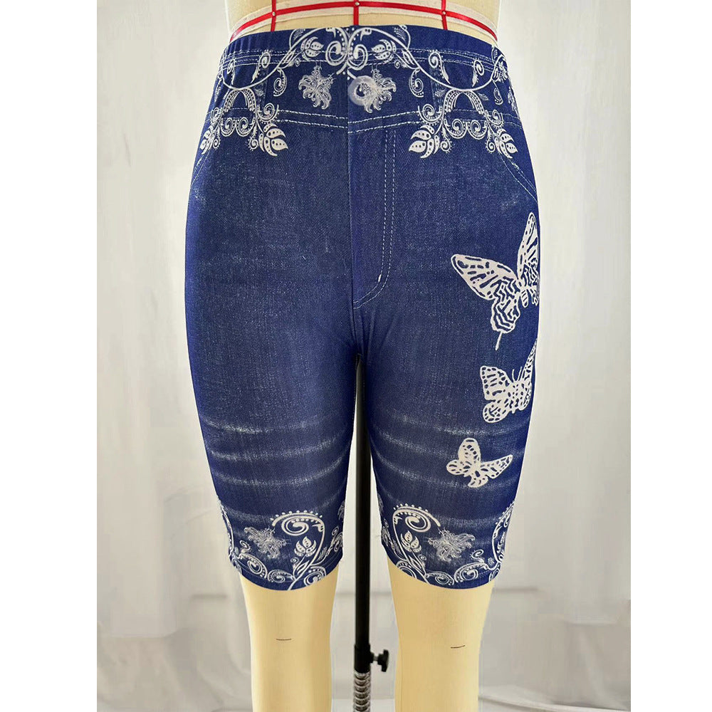 Printed Denim Butterfly Sports Leggings
