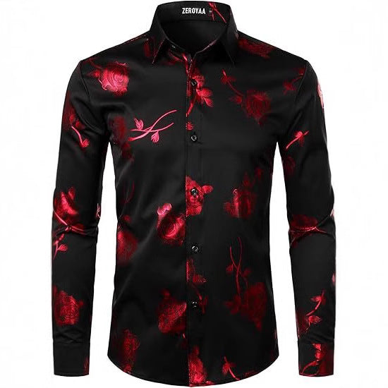 3D Golden Rose Print Slim Fit Long Sleeve Formal Wear Shirt