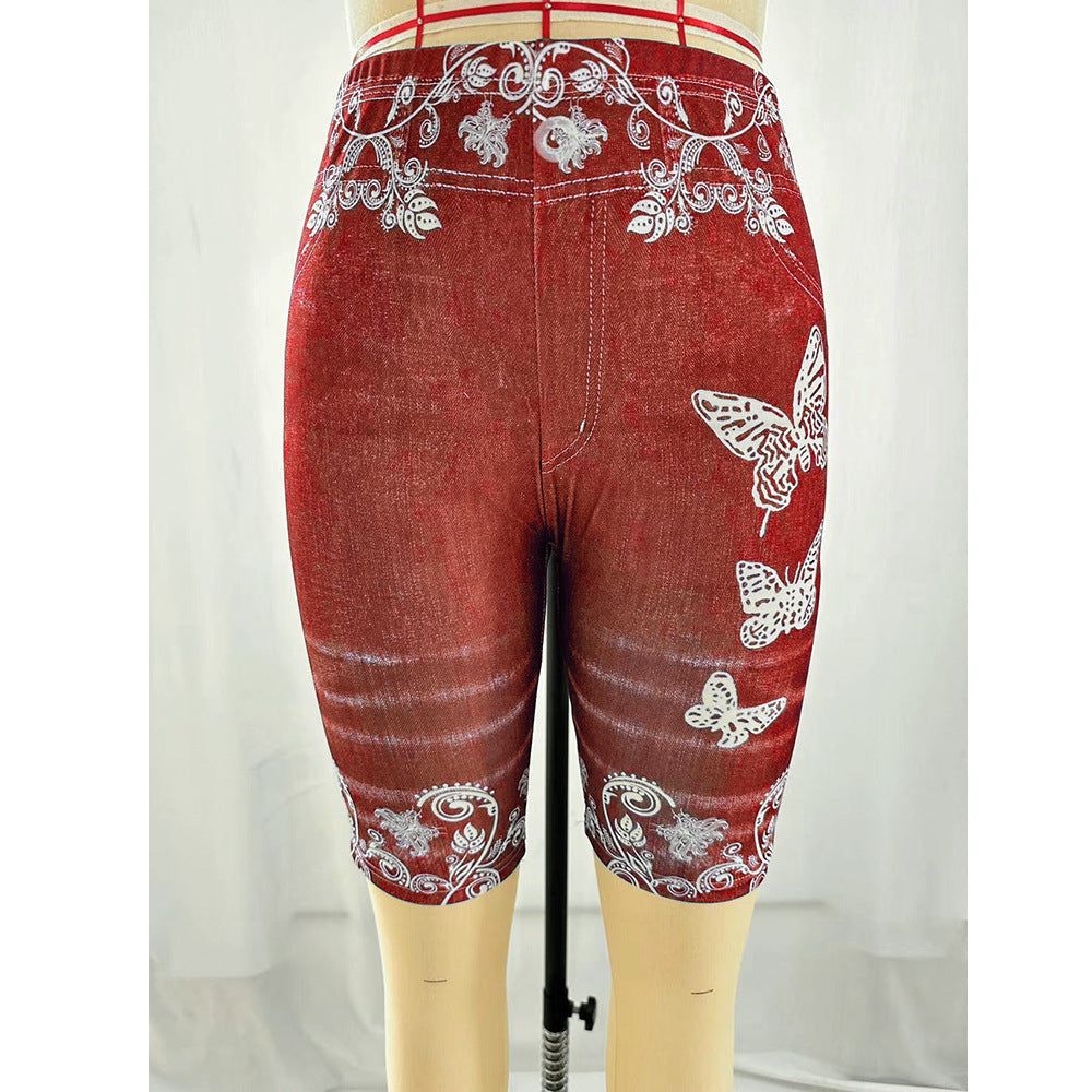 Printed Denim Butterfly Sports Leggings