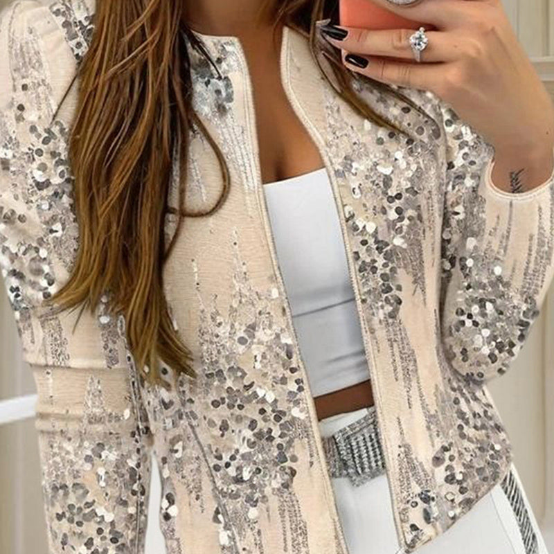Women's Round Neck Zip-Up Long Sleeve Bling Bling Jacket - Sparkly Sequined Casual Top, Spring&Fall Shiny Outerwear
