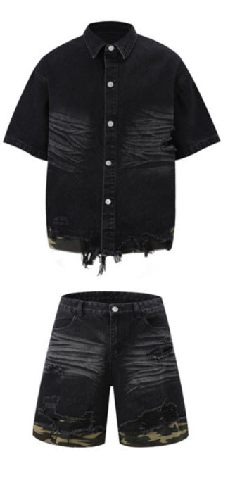 Cut Edge Stitching Leopard Print Denim Short Sleeve