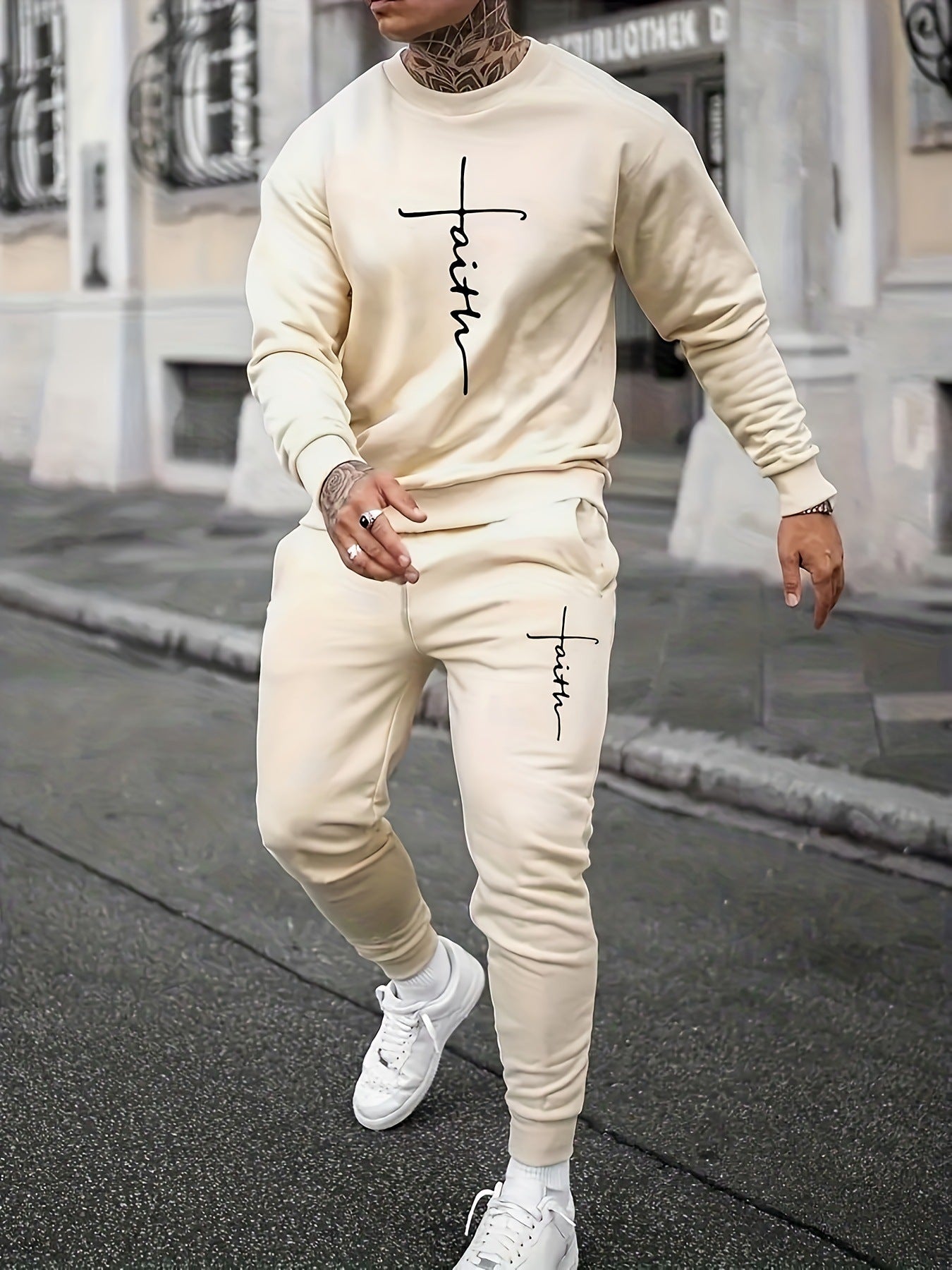 Sports Men's Clothing Casual Retro Digital Printed Round Neck Sweater Suit