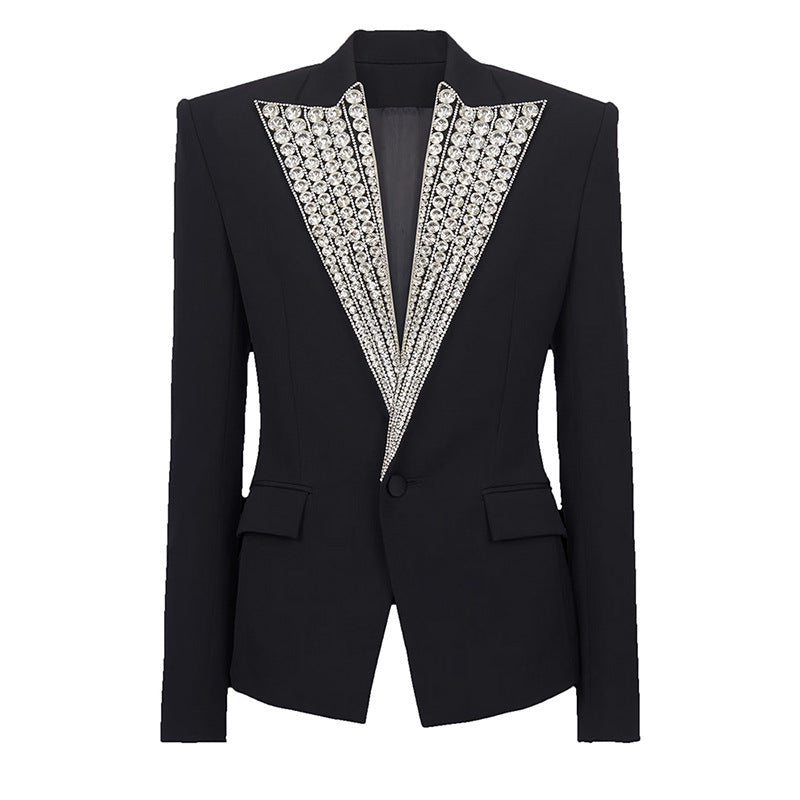 Socialite Temperament Exquisite Rhinestone Beaded One Button Slim Suit Jacket