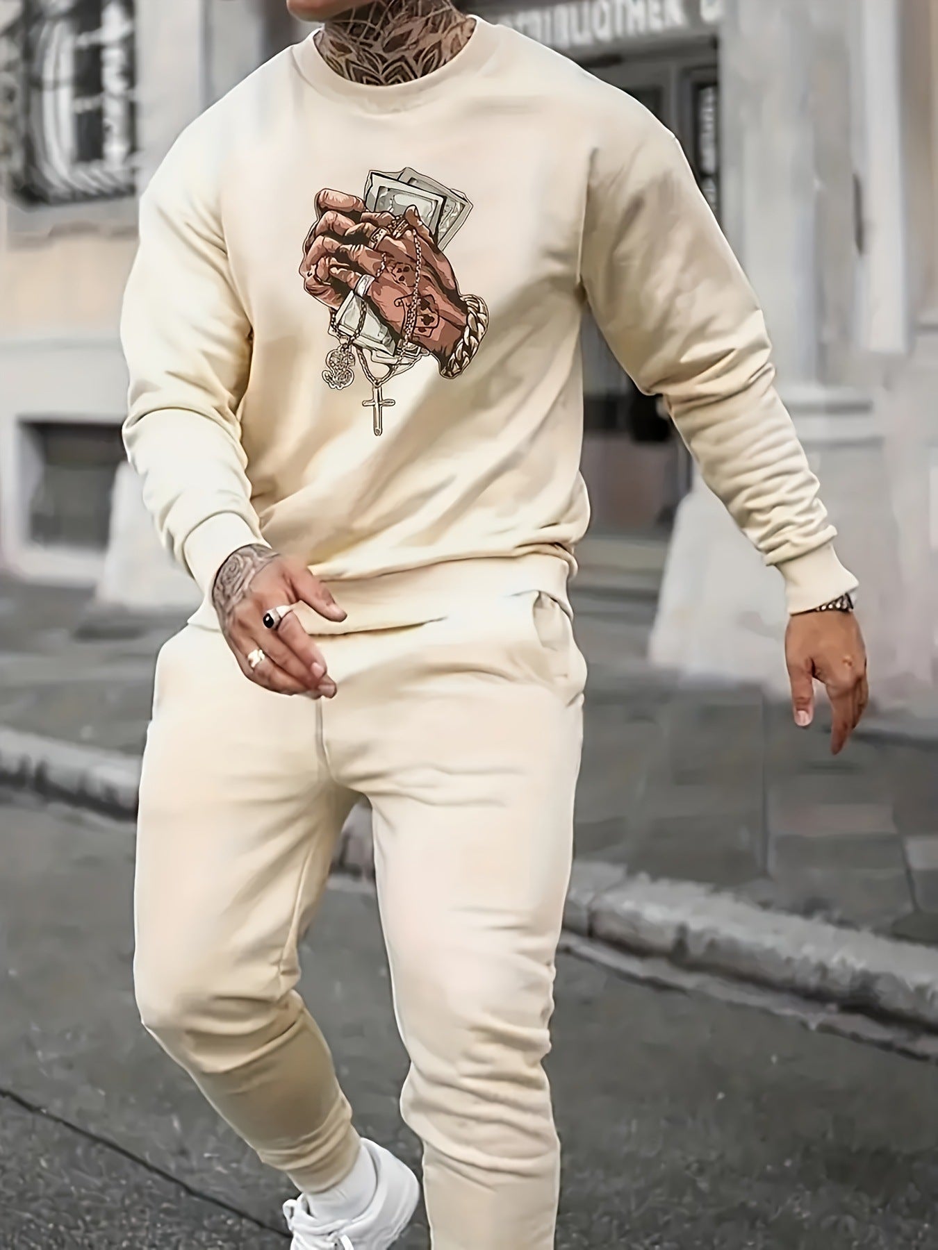 Sports Men's Clothing Casual Retro Digital Printed Round Neck Sweater Suit