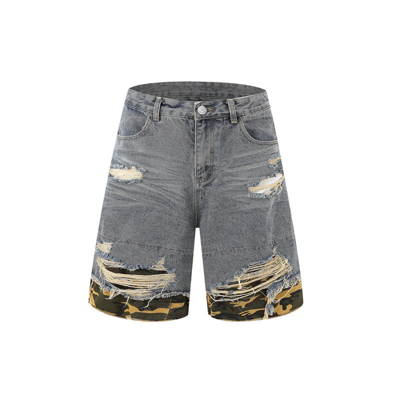 Cut Edge Stitching Leopard Print Denim Short Sleeve