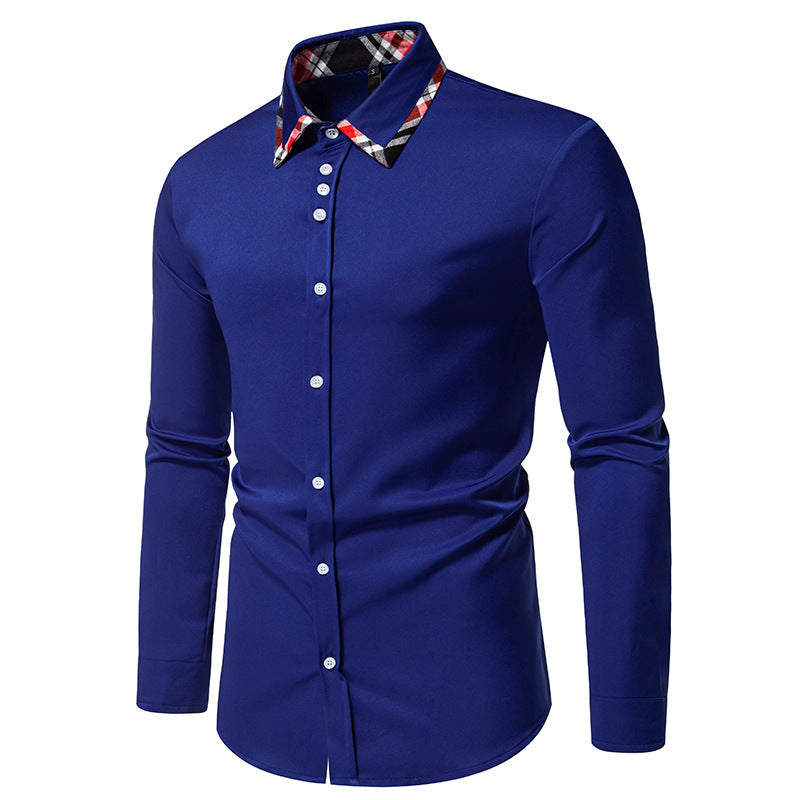 Men's Plaid Contrast Color Triangle Collar Long Sleeve Shirt