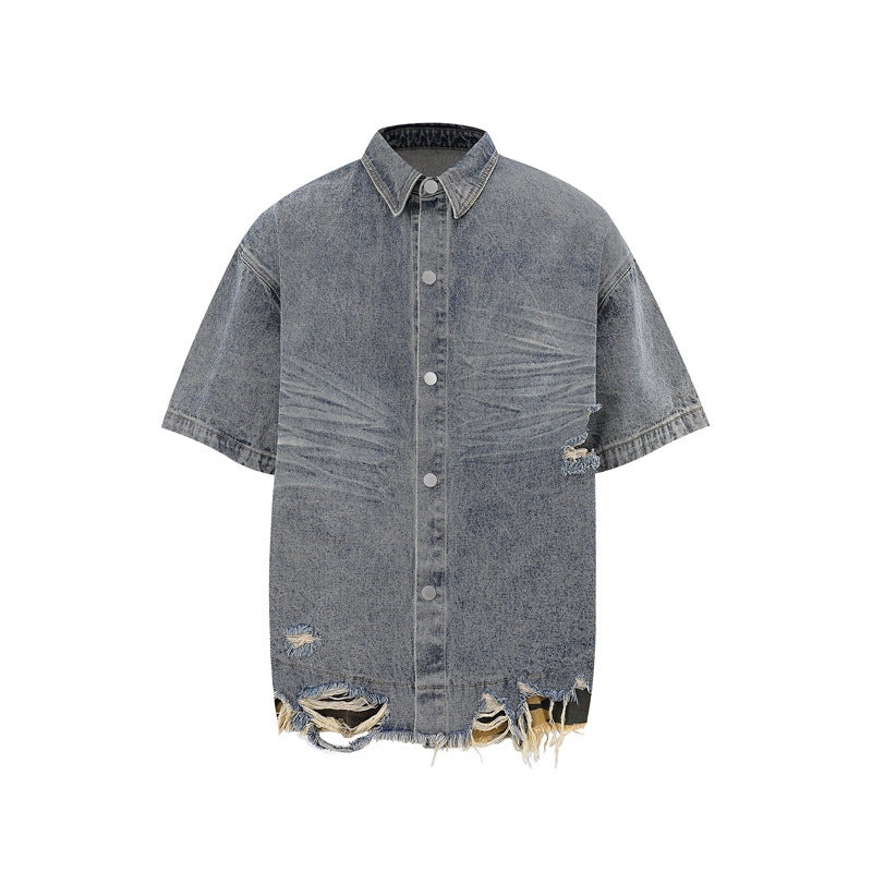 Cut Edge Stitching Leopard Print Denim Short Sleeve