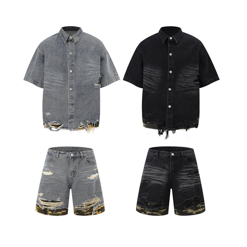 Cut Edge Stitching Leopard Print Denim Short Sleeve