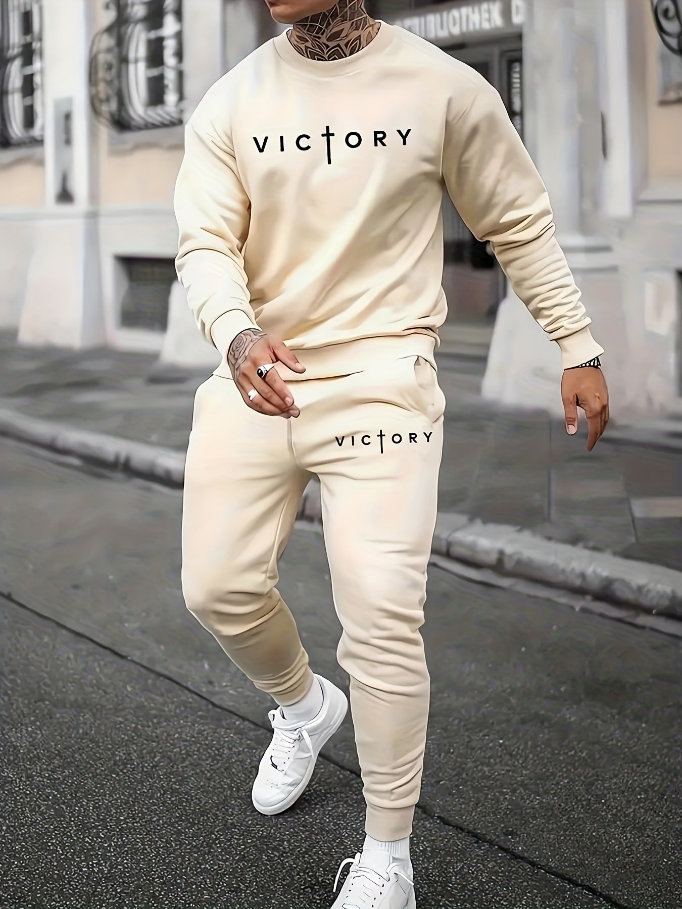 Sports Men's Clothing Casual Retro Digital Printed Round Neck Sweater Suit