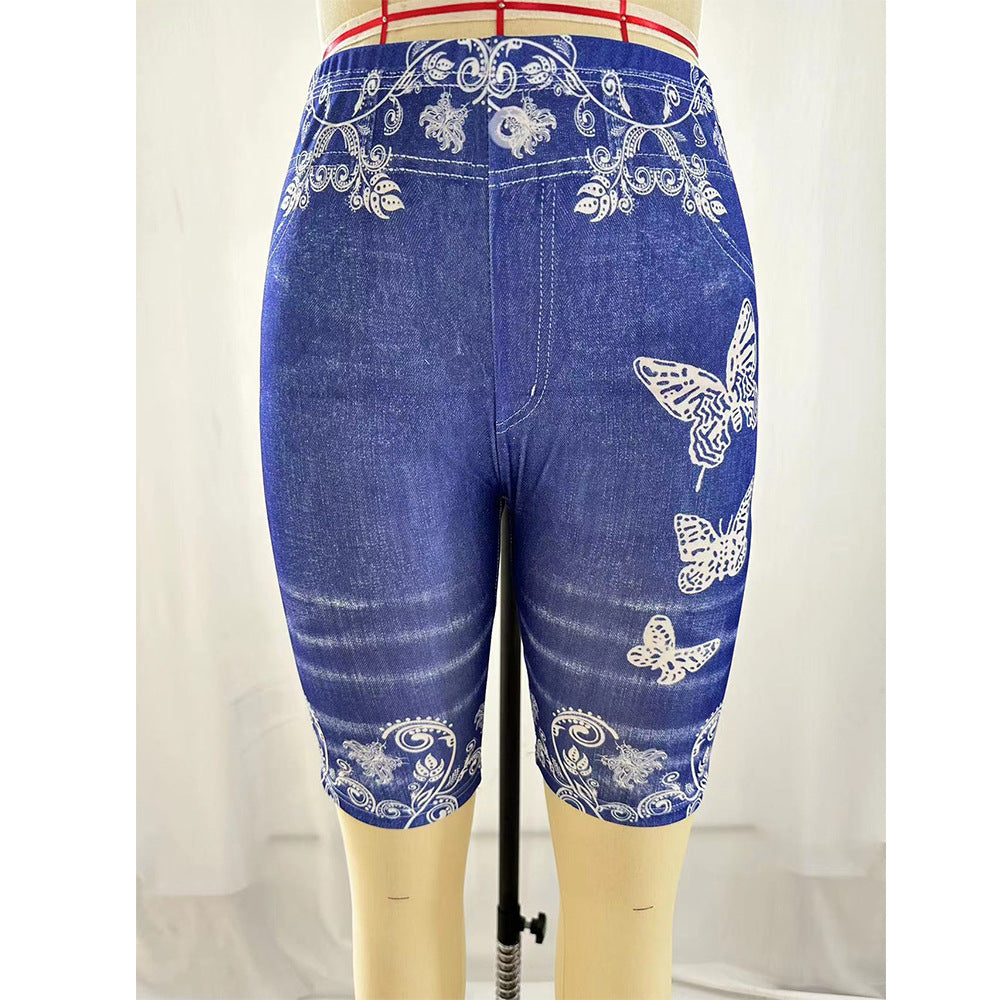 Printed Denim Butterfly Sports Leggings