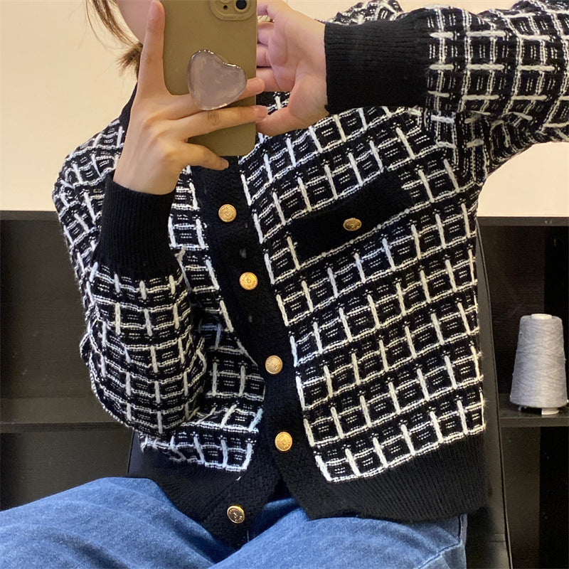 Round Neck Plaid Knitwear Cardigan Gentle Women's Coat
