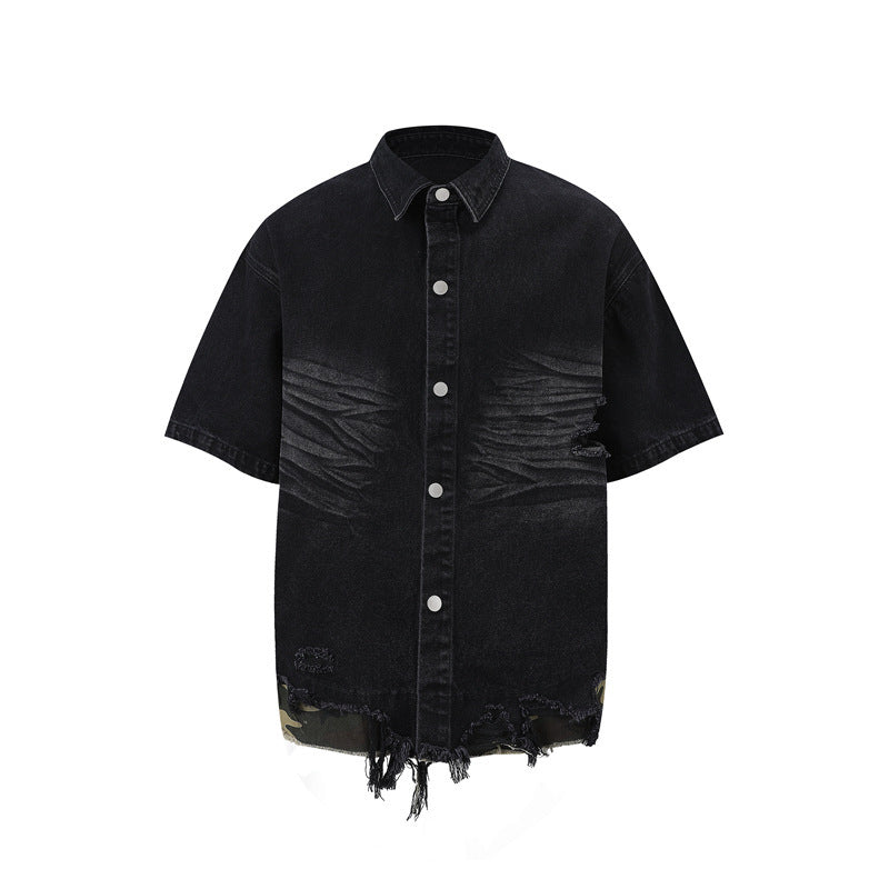Cut Edge Stitching Leopard Print Denim Short Sleeve