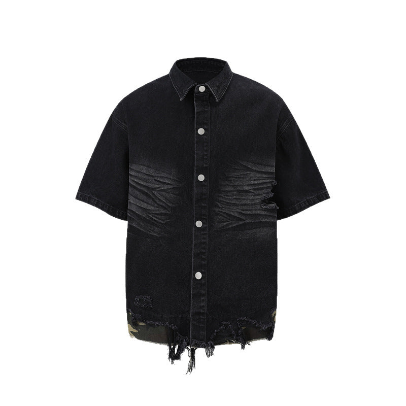 Cut Edge Stitching Leopard Print Denim Short Sleeve