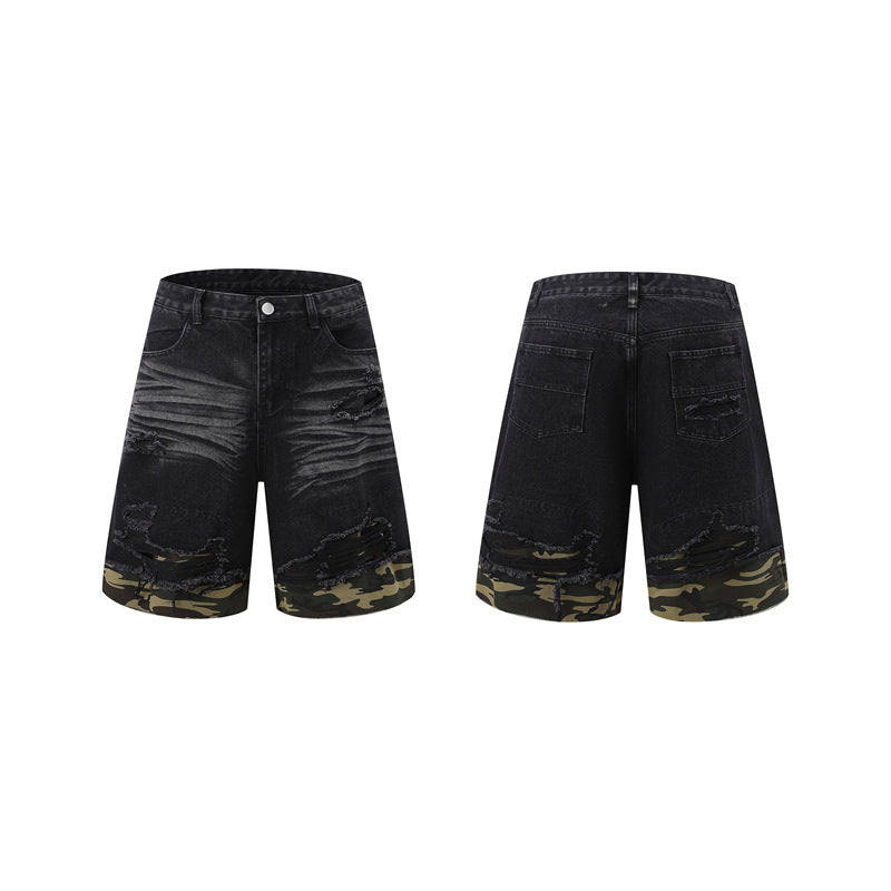 Cut Edge Stitching Leopard Print Denim Short Sleeve