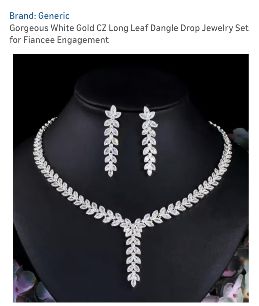 Brand Generic Gorgeous white Gold CZ long leaf Dangle  dropjewelry set for Fiancee
