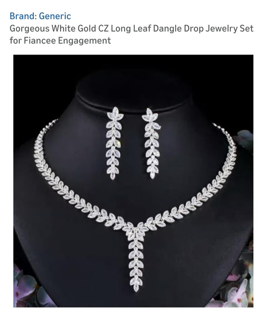 Brand Generic Gorgeous white Gold CZ long leaf Dangle  dropjewelry set for Fiancee