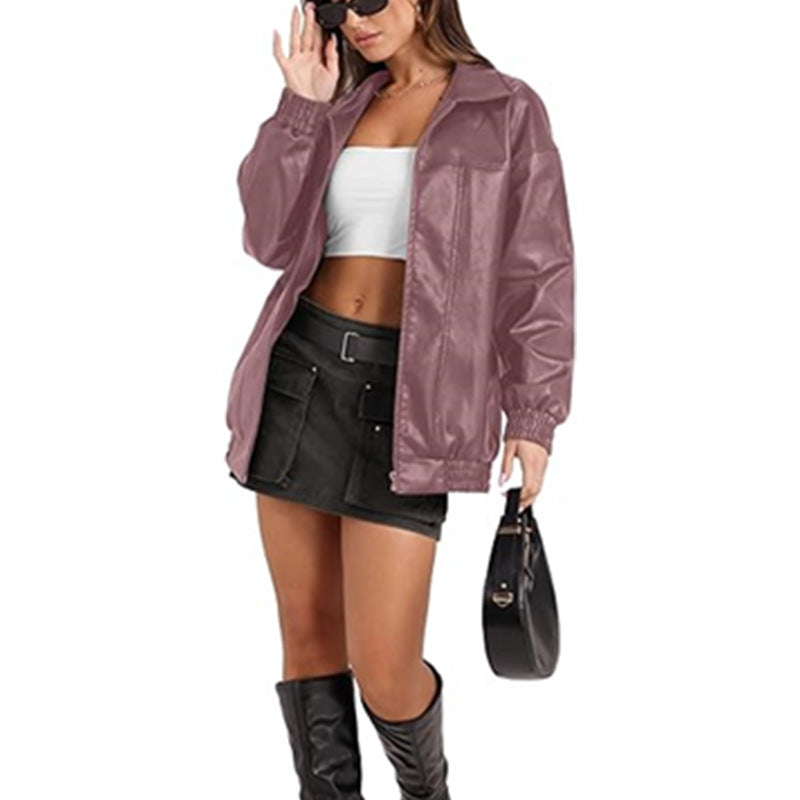 Long Sleeve Lapel Zipper Side Pocket Casual Trench Coat Women