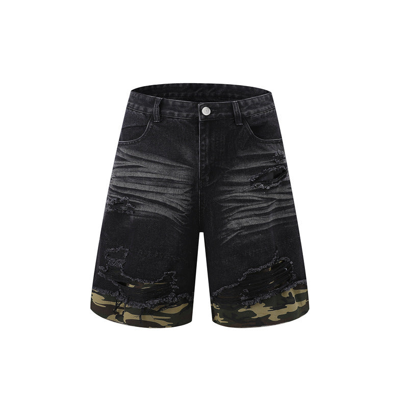 Cut Edge Stitching Leopard Print Denim Short Sleeve