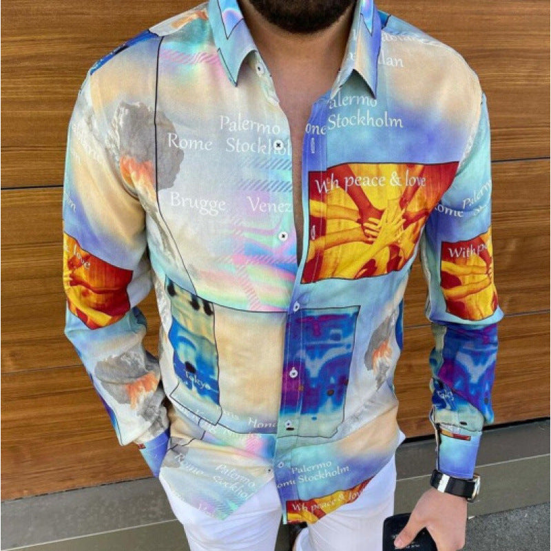 European And American Men's Long-sleeved Shirt Casual Printing