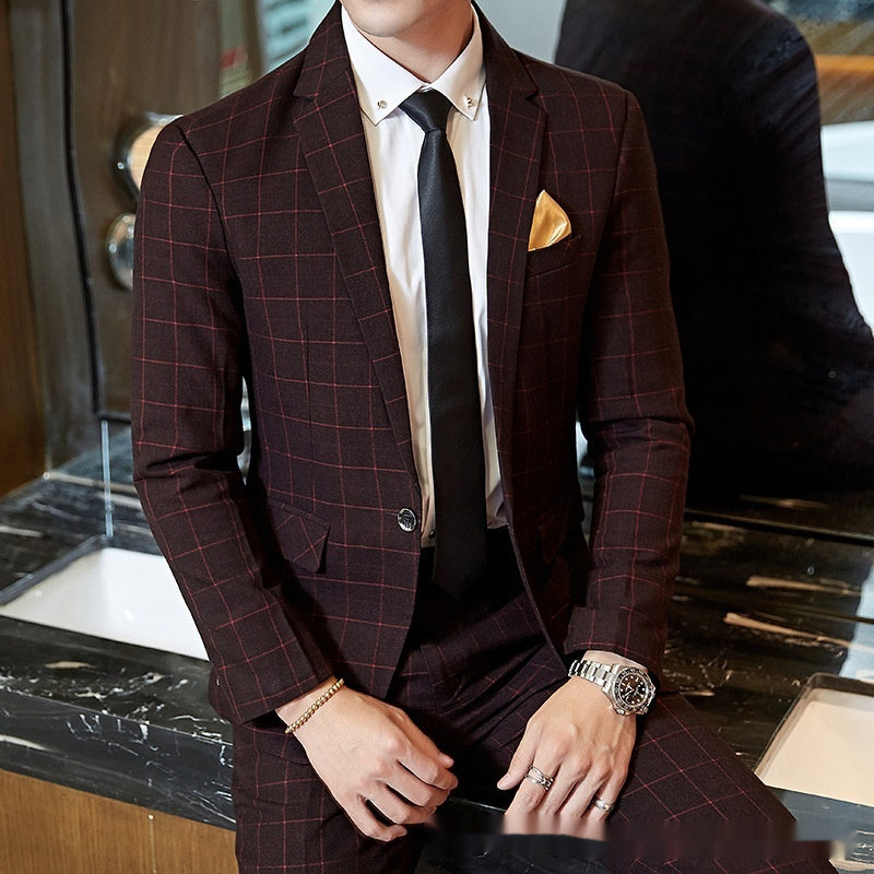 Men's Korean-style Business Suit Slim-fit Plaid Casual Wear