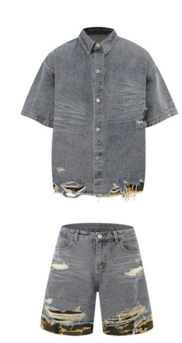 Cut Edge Stitching Leopard Print Denim Short Sleeve