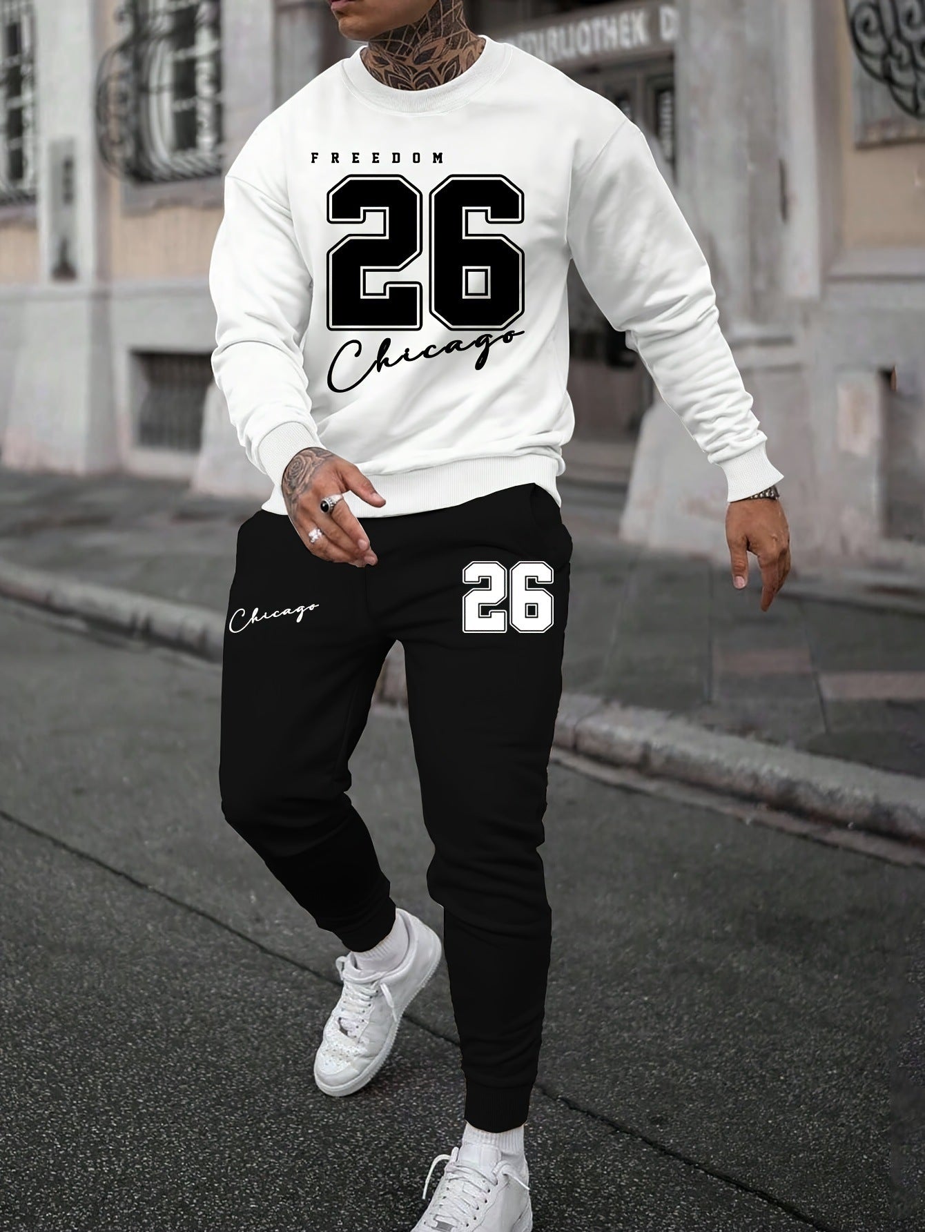 Sports Men's Clothing Casual Retro Digital Printed Round Neck Sweater Suit
